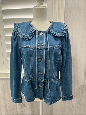 Levi’s Premium Womens Denim Jacket S Blue Ruffle Collar Peplum Button Romantic